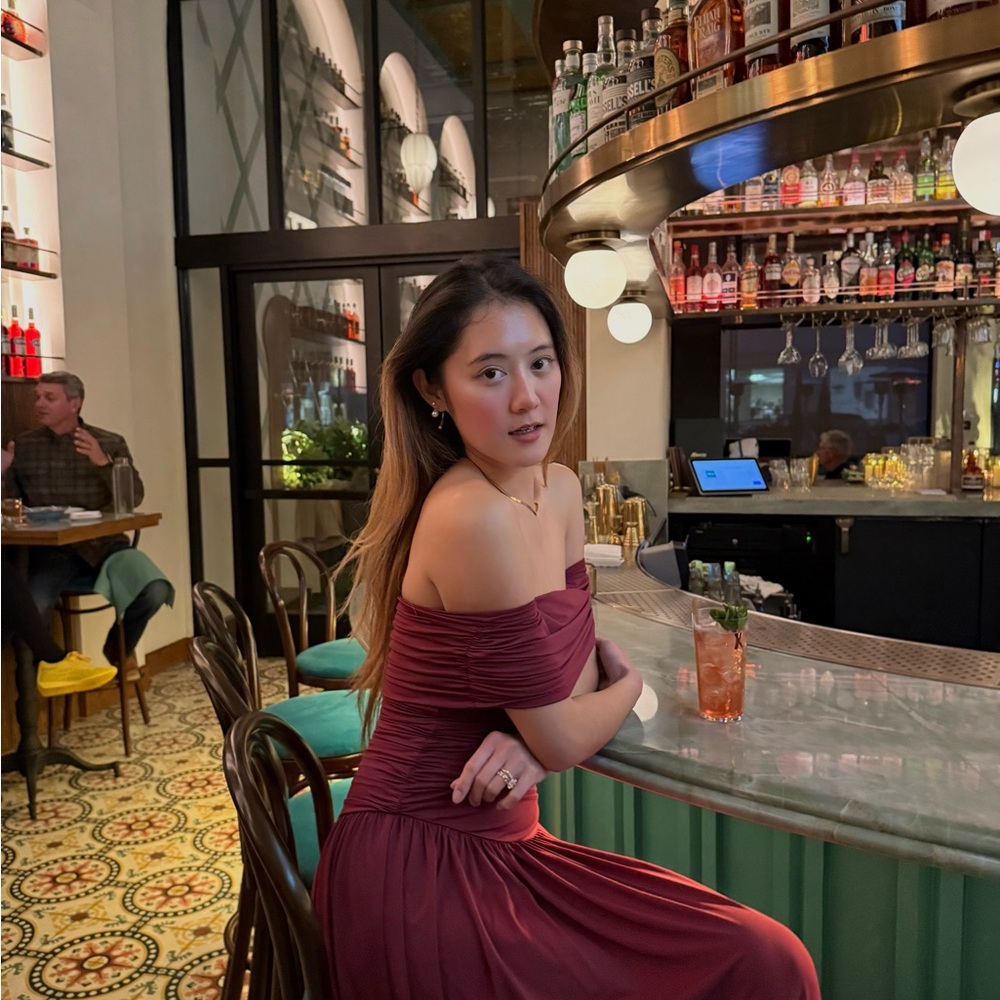 Lucy in the Sky Burgundy Off-Shoulder Dress